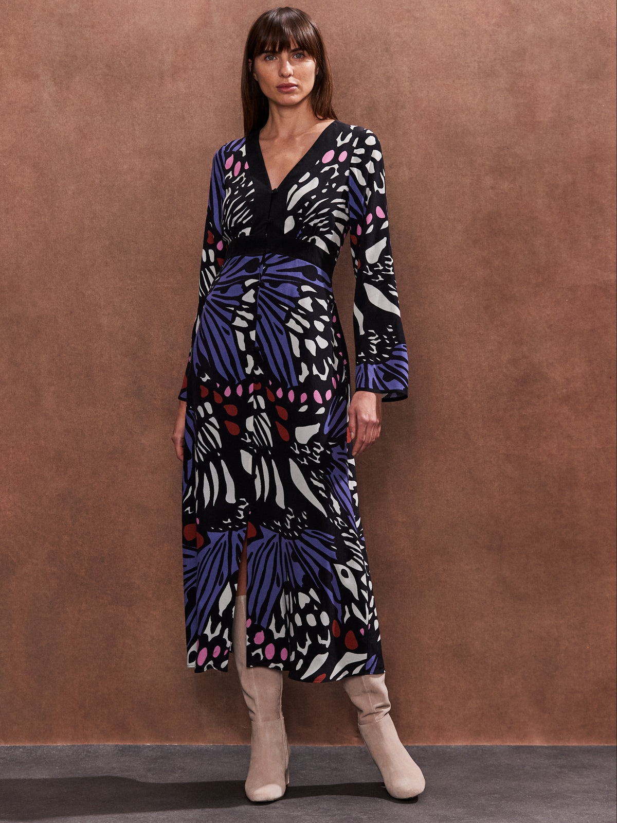 Petite Purple Multi Butterfly Print Button Through Dress