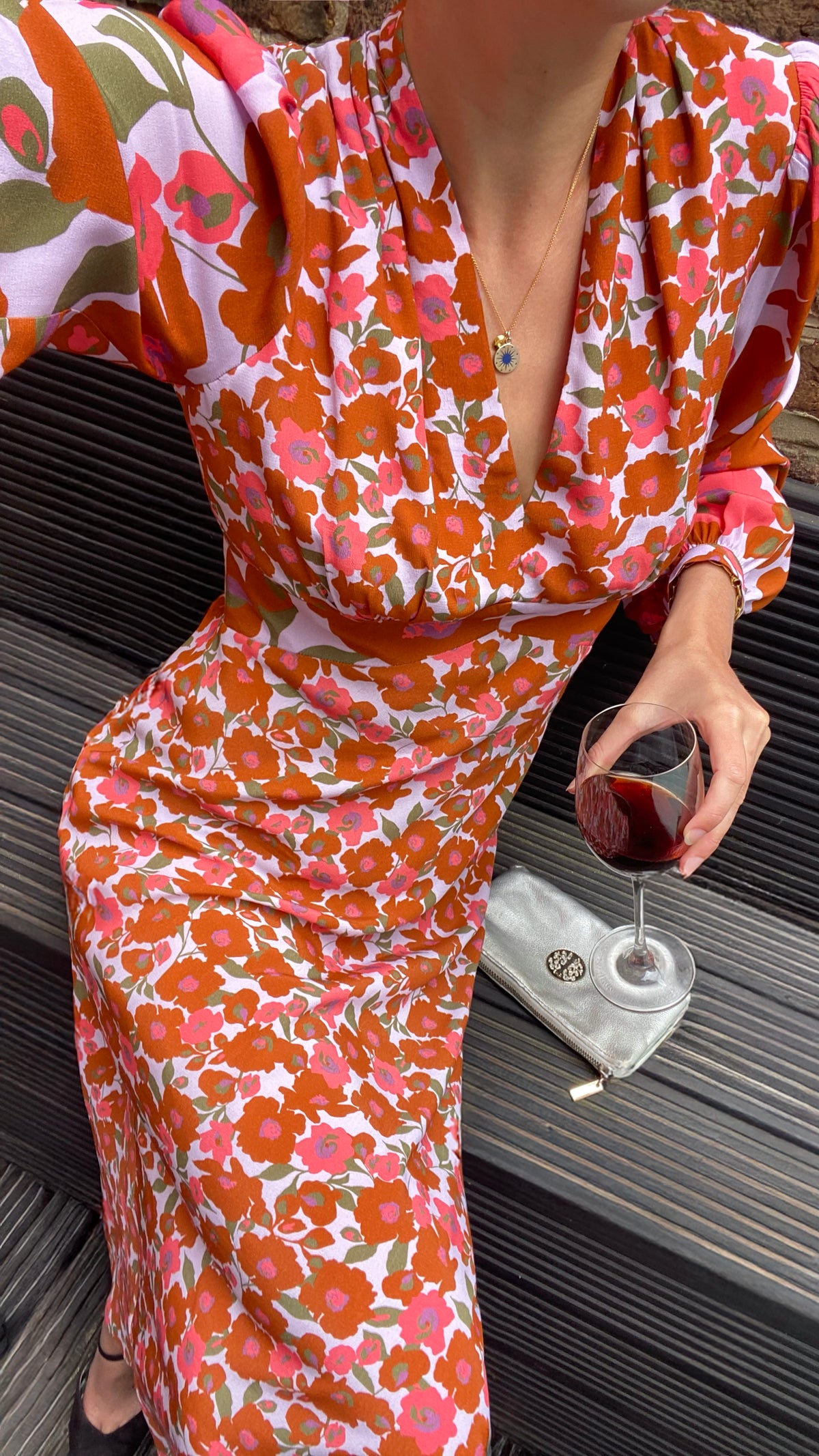 Lilac and Coral Poppy-Print Midi Dress