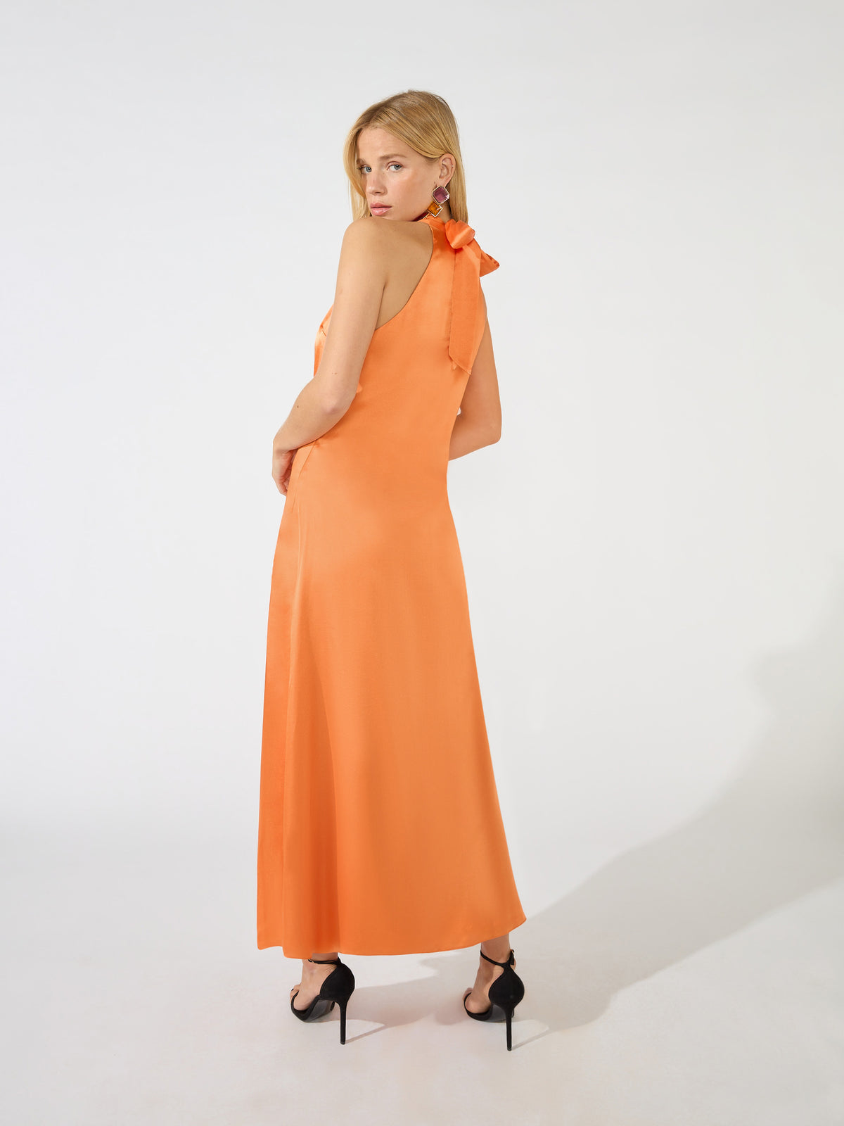 Ariya Orange Satin Twist Neck Dress