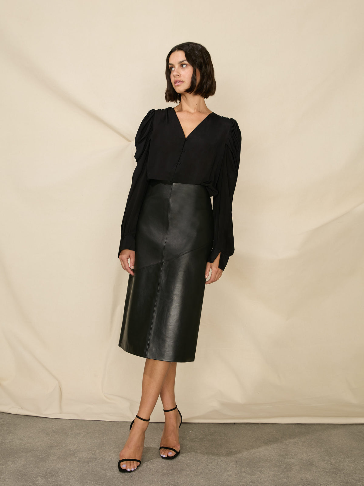 Petite Black Leather Midi Skirt