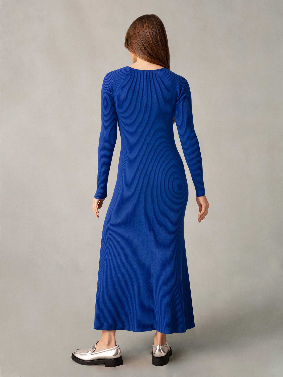 Blue Rib Knit Sweetheart Neckline Midi Dress
