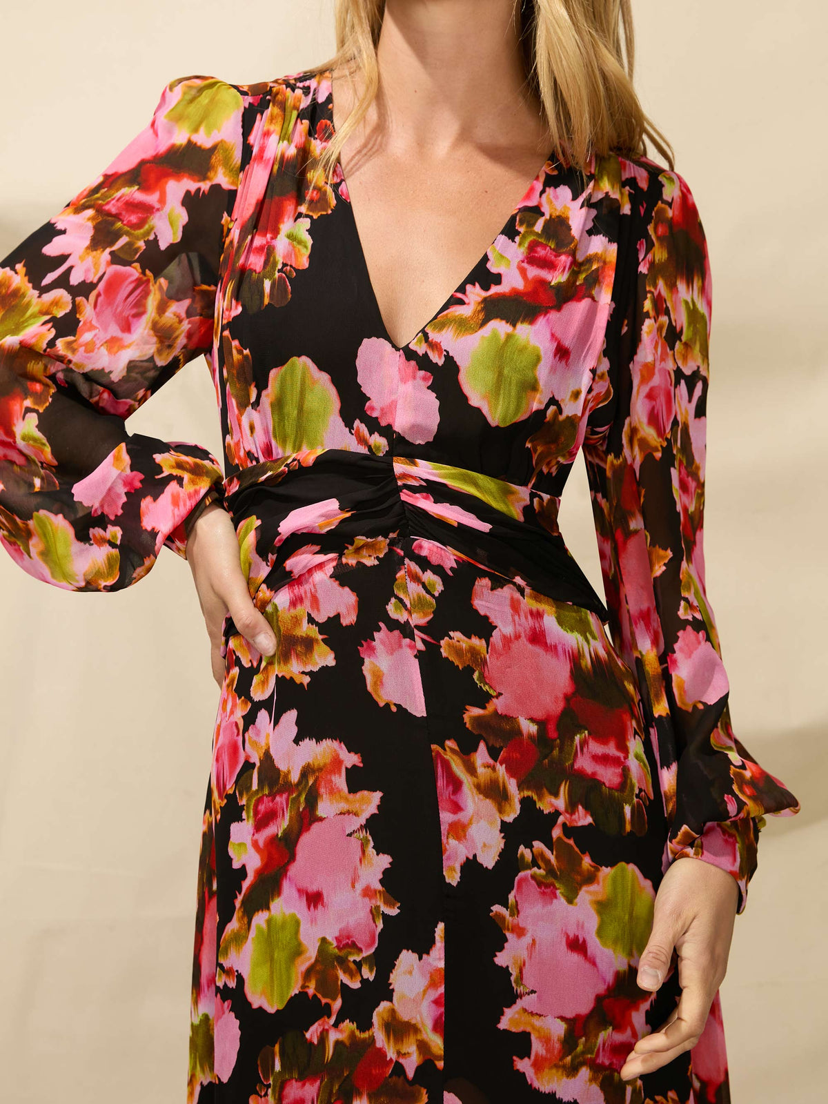 Blurred Floral V-Neck Midi Dress