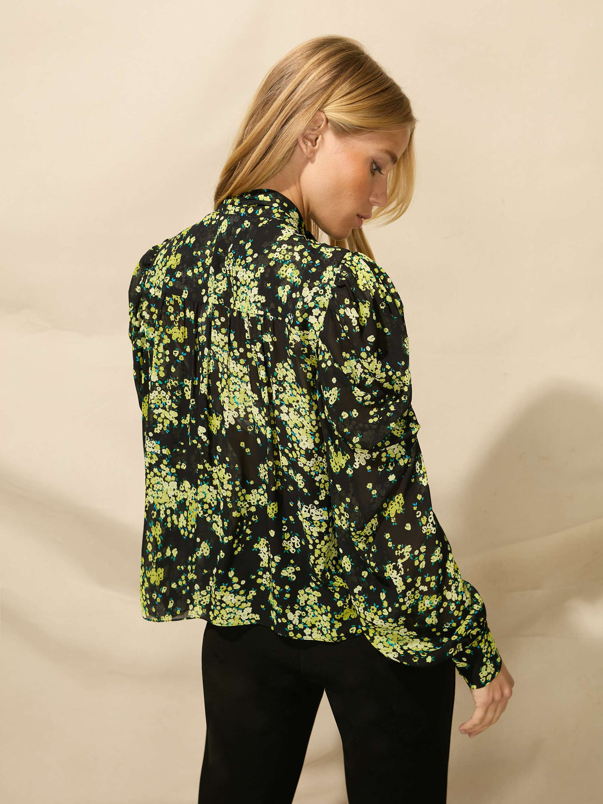 Yellow Floral Tie Neck Blouse