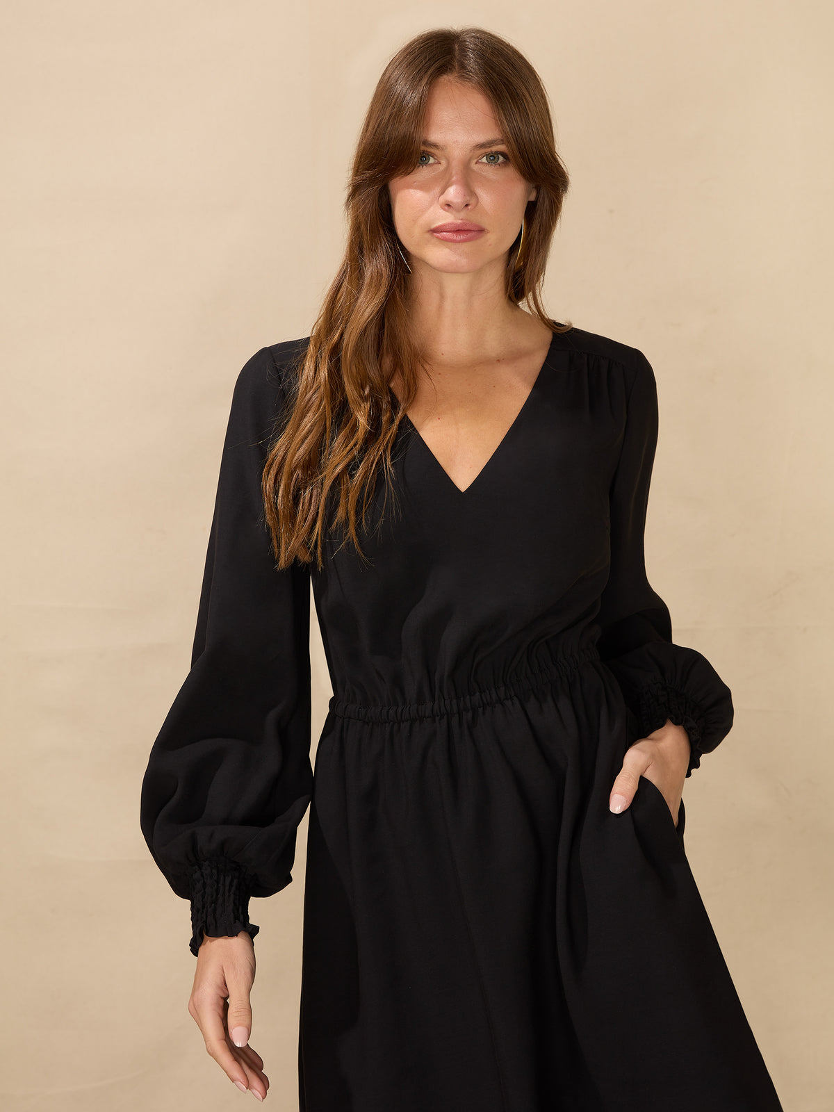 Black V-Neck Long Sleeved Short Dress