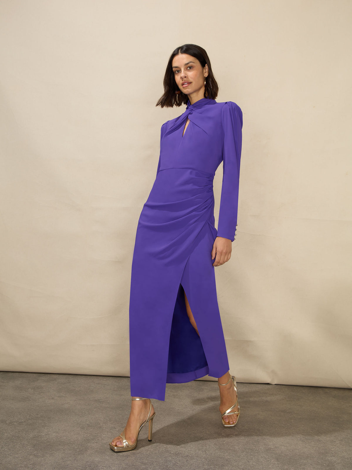 Petite Allegra Purple Crepe Twist Neck Midi Dress