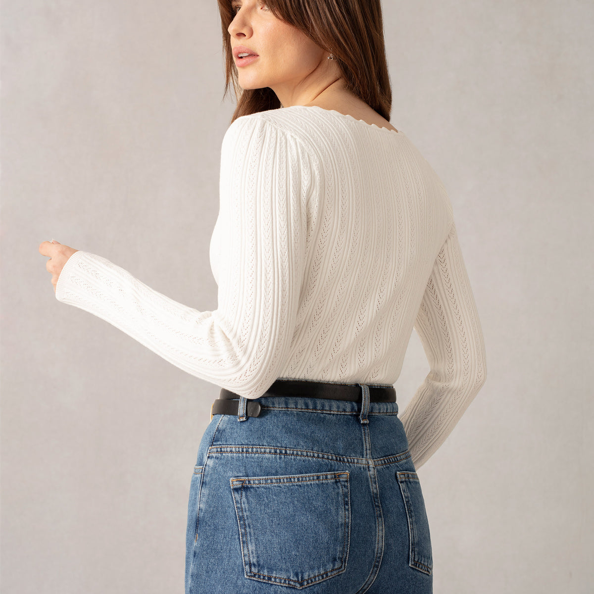 Cream Knit Square Neck Top Ro&Zo