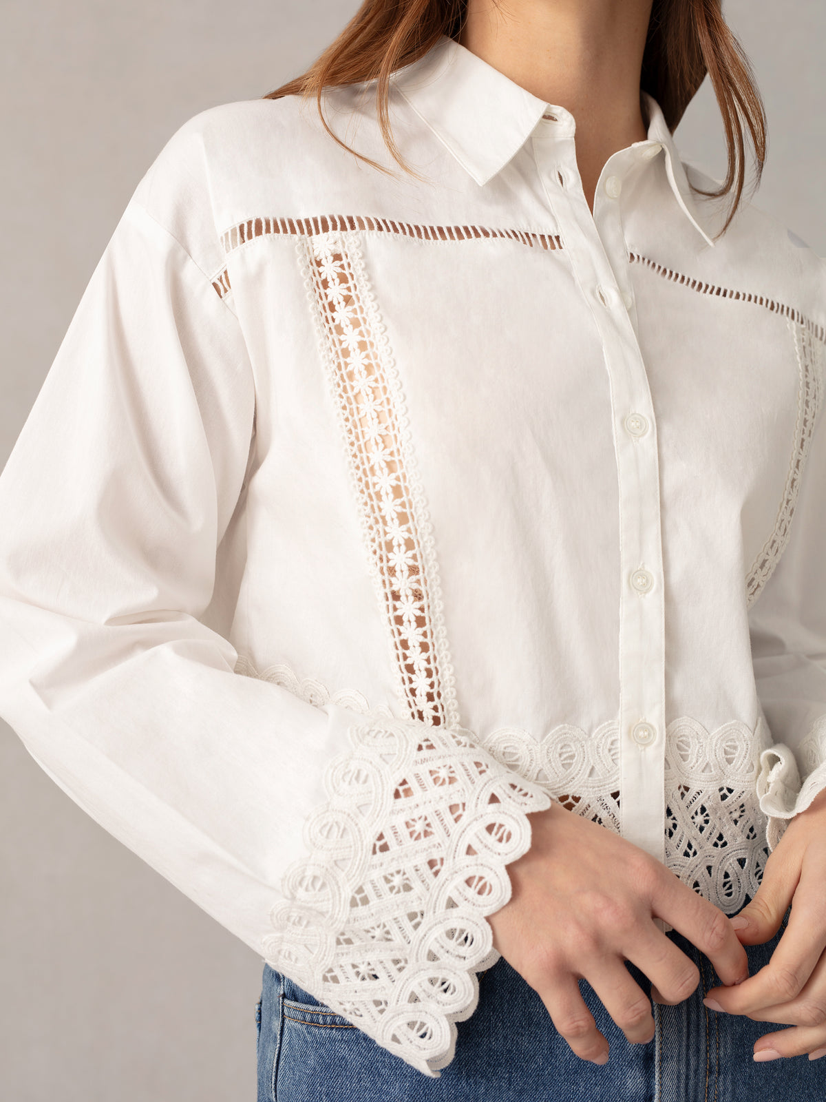 White Cropped Crochet Trim Shirt