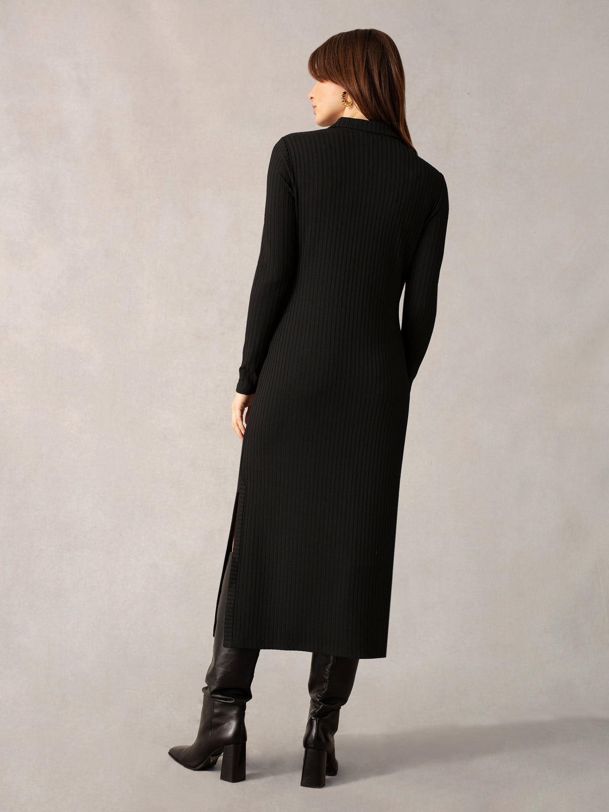 Black Collared Ribbed Jersey Dress