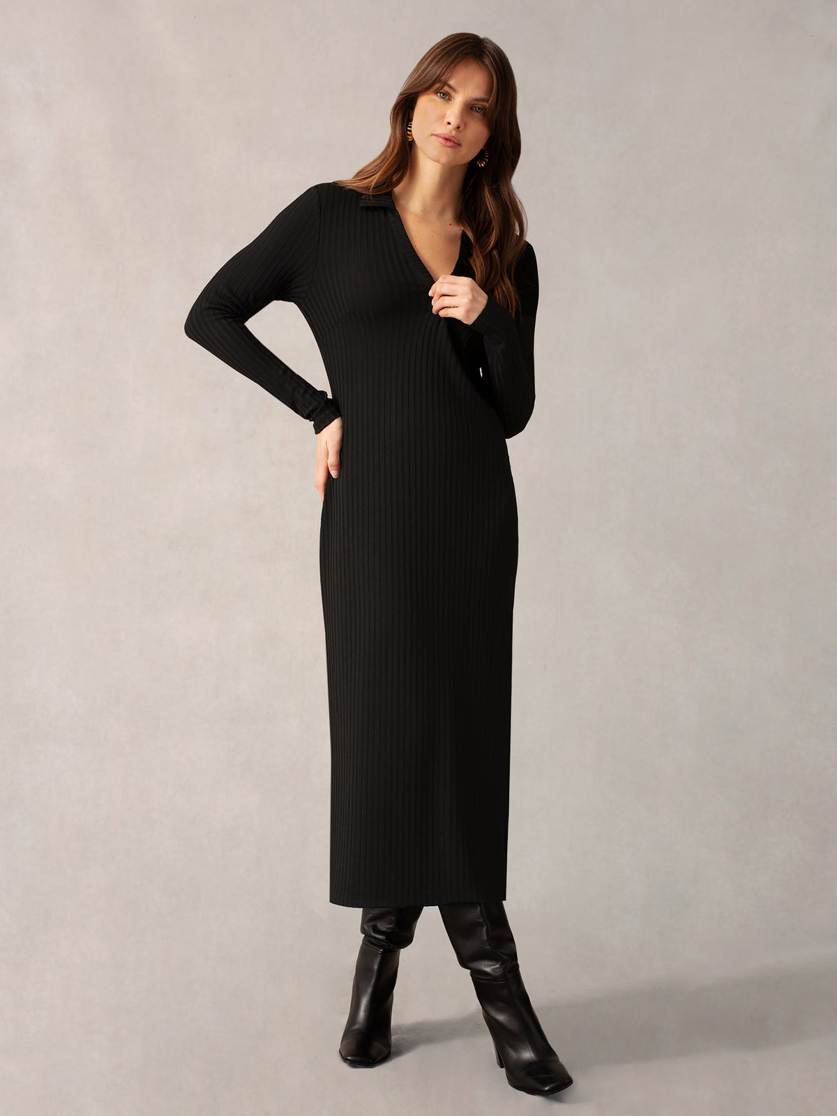 Black Collared Ribbed Jersey Dress