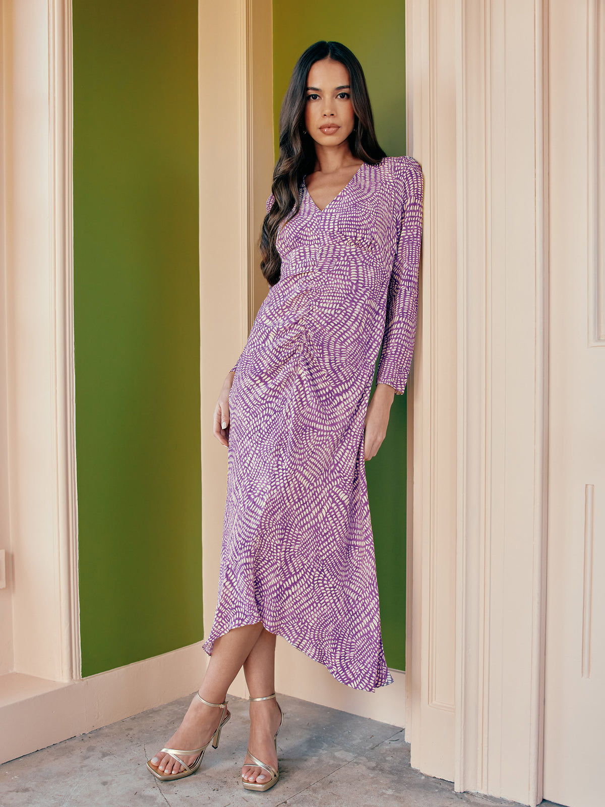 Purple Geo Print Ruched Front Midi Dress