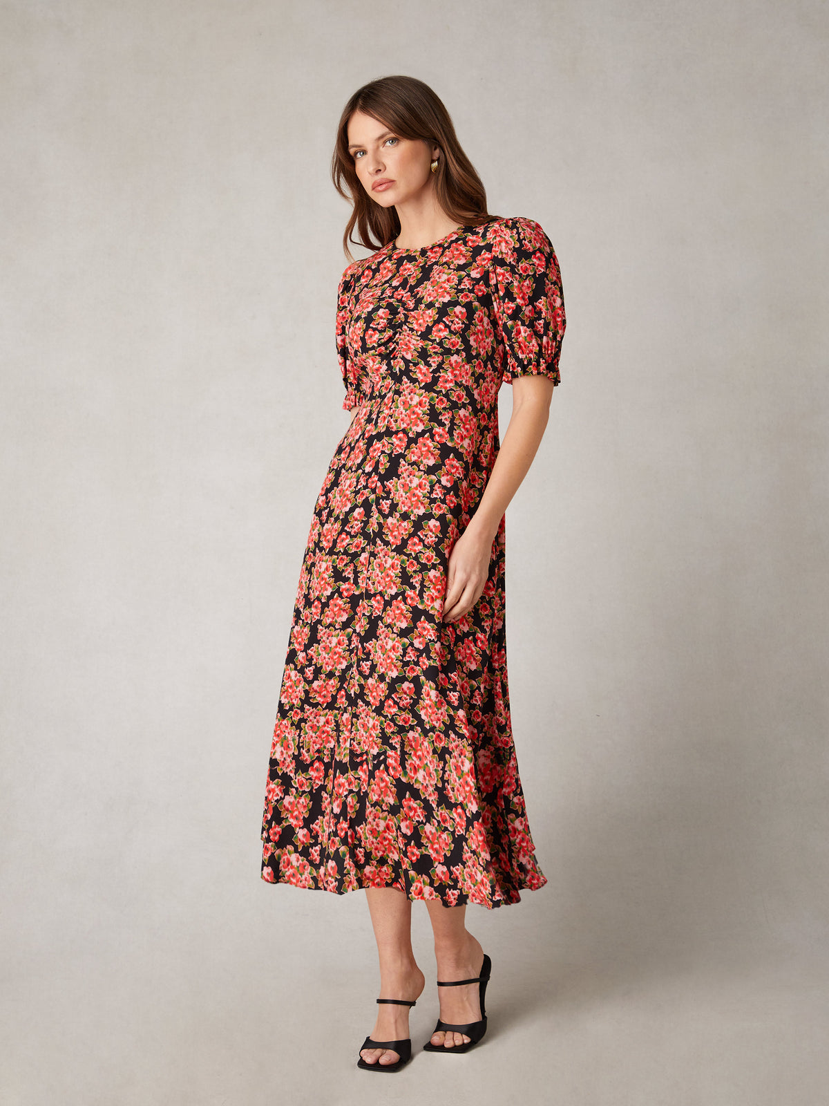 Red Rose Print Ruched Front Midi Dress