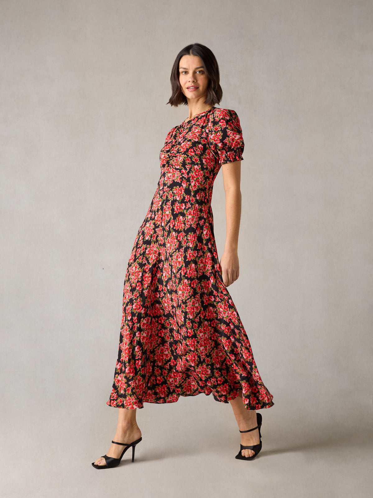 Petite Red Rose Print Ruched Front Midi Dress
