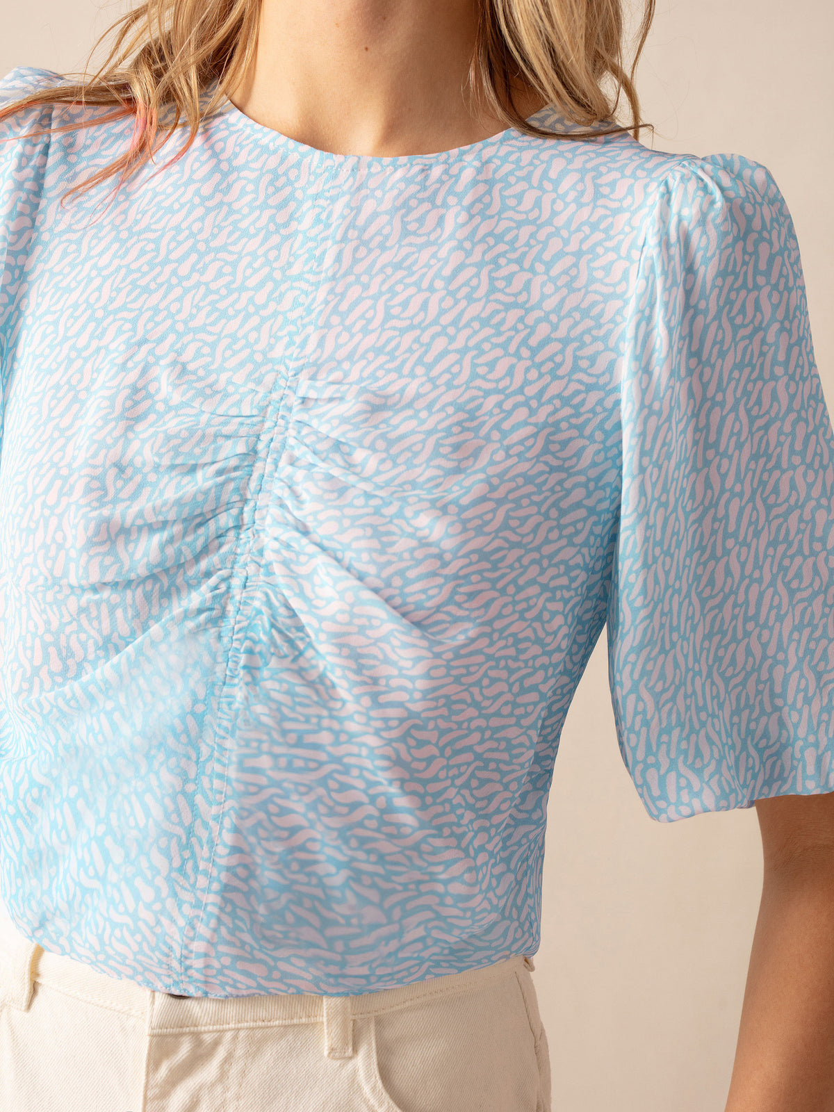 Blue Squiggle Print Ruched Front Top