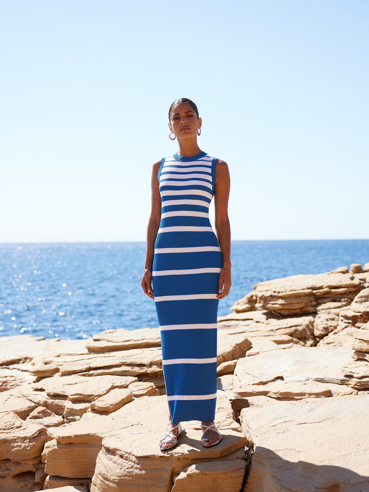 Blue Stripe Sleeveless Knitted Dress