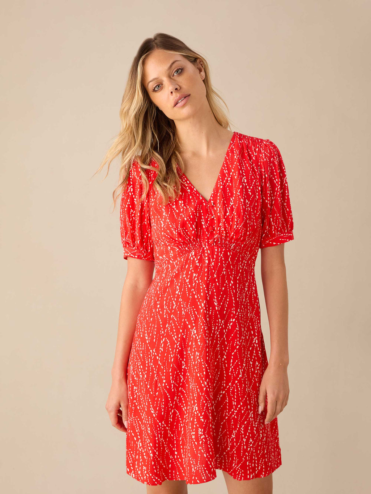 Red Dash Print Shirred Shoulder Short Dress