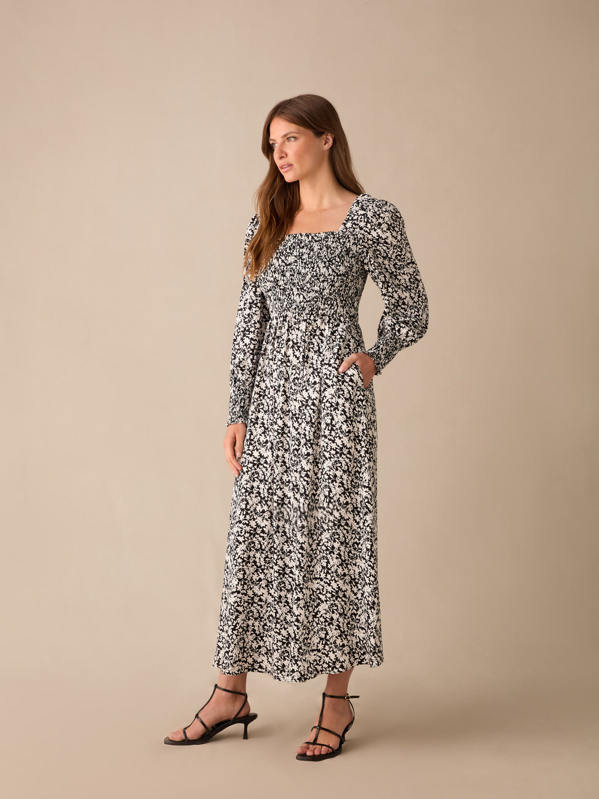 Petite Mono Floral Print Shirred Midaxi Dress