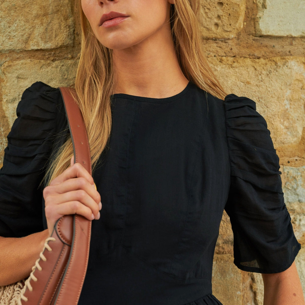 Black Cotton Puff Sleeve Midi Dress Ro&Zo Black Cotton Puff Sleeve Midi Dress Ro&Zo