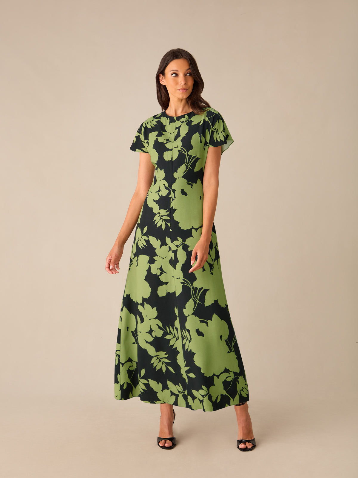 Victoria Green Floral Print Flutter Sleeve Dress