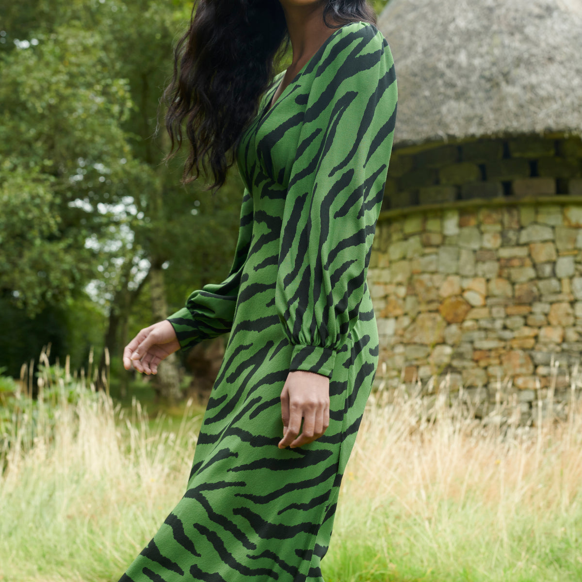 Green Zebra Print V-Neck Midi Dress Ro&Zo Green Zebra Print V-Neck Midi Dress Ro&Zo