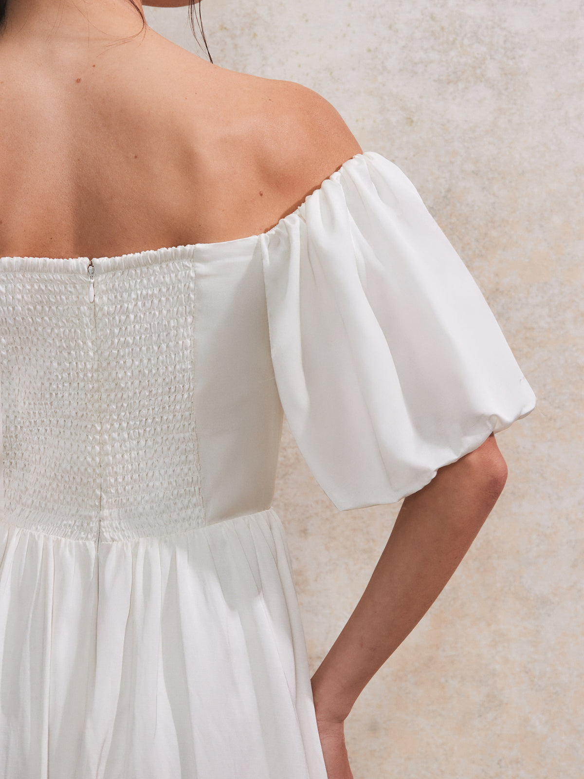 Alba Ivory Bardot Puff Sleeve Maxi Dress
