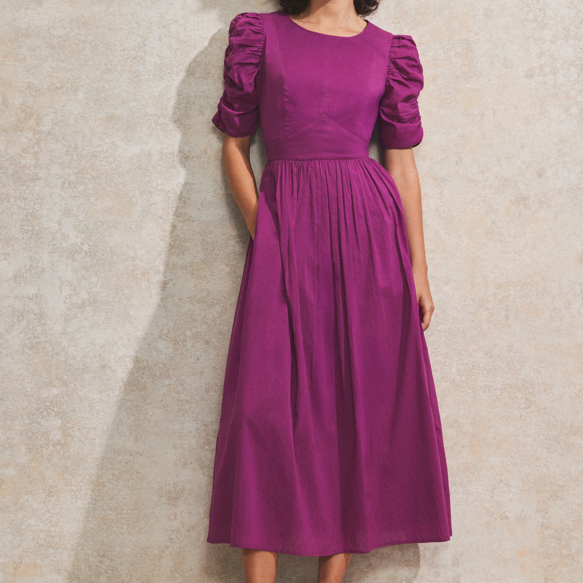 Magenta Gathered-Sleeve Cotton Voile Midi Dress