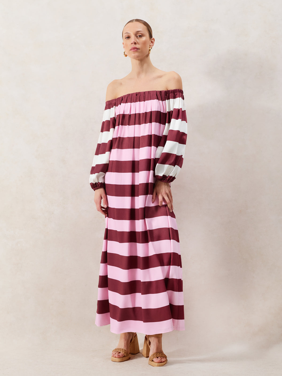 Gigi Pink Striped Bardot Maxi Dress