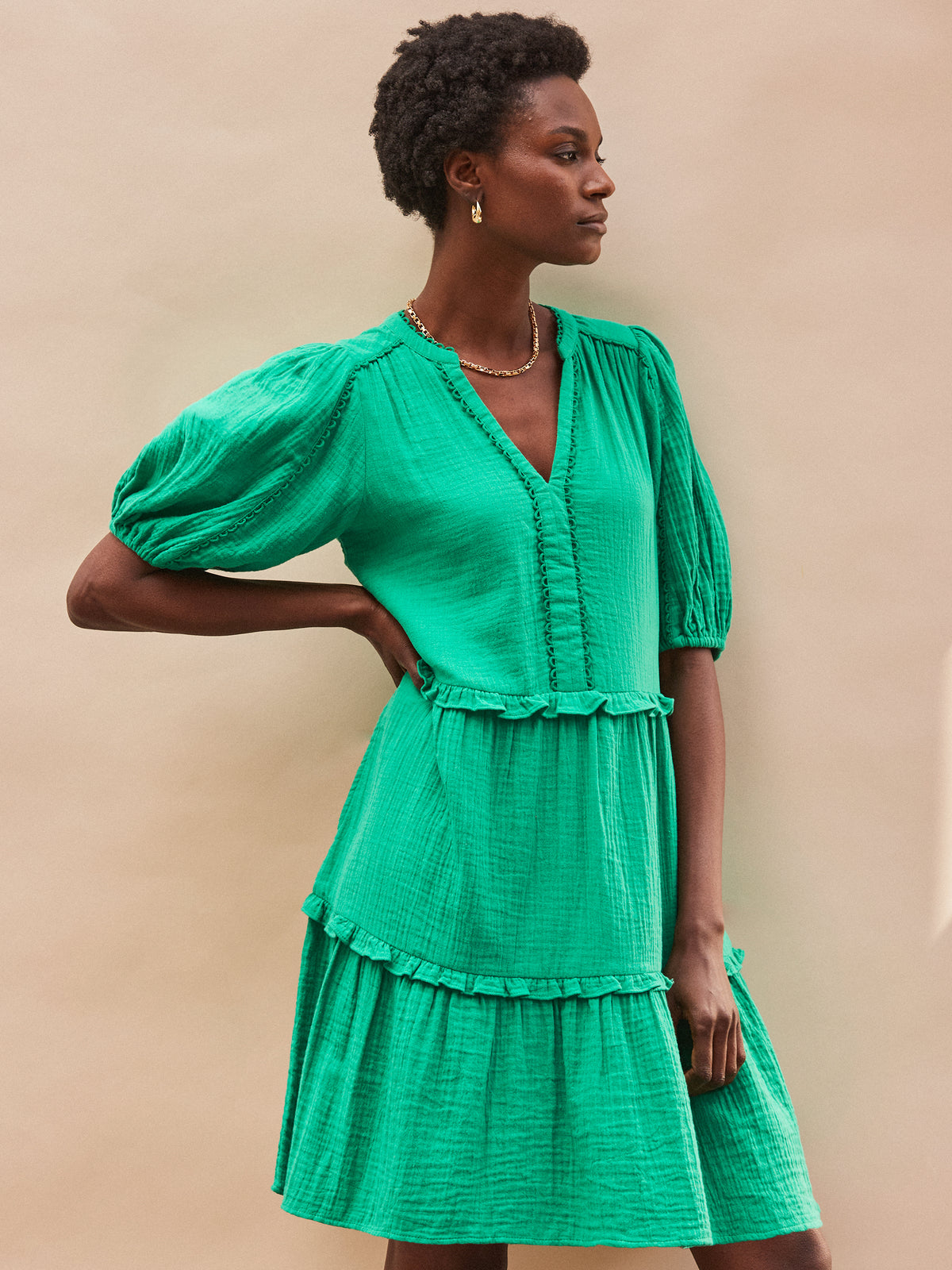 Petite Green Frill-Detail Cheesecloth Mini Dress