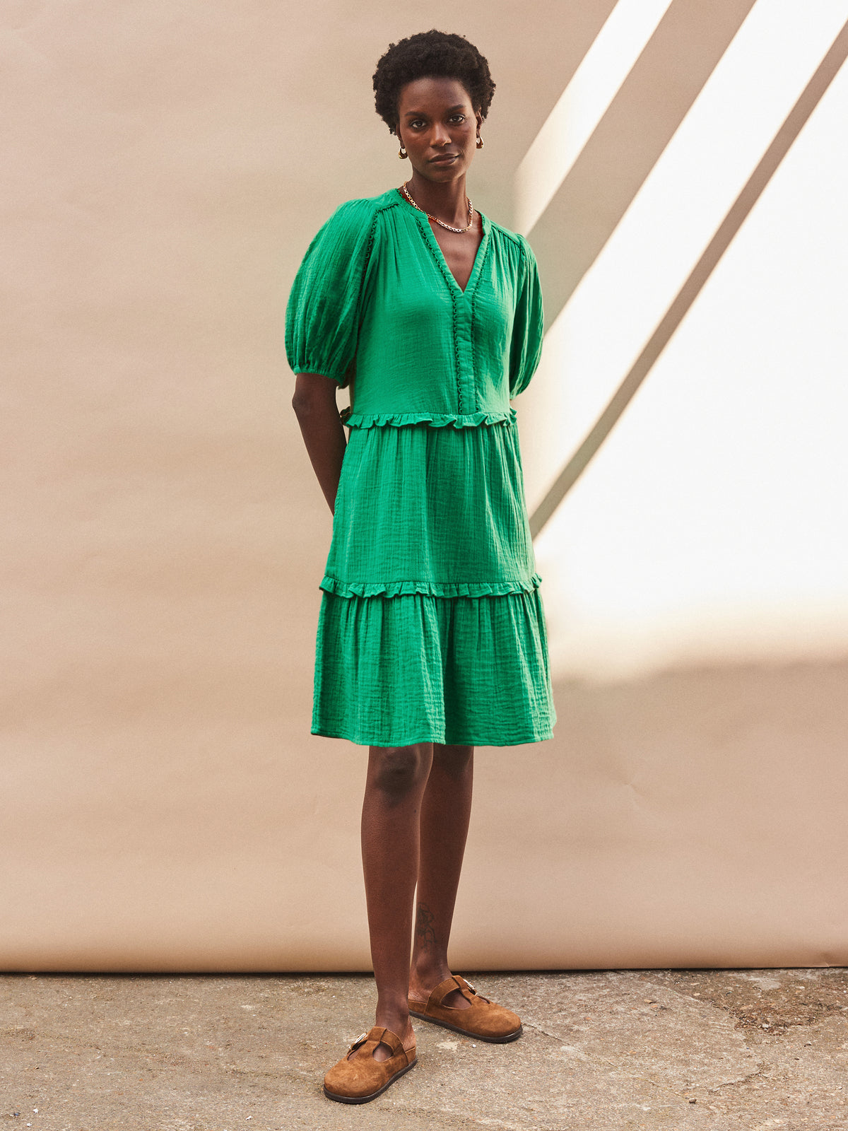 Petite Green Frill-Detail Cheesecloth Mini Dress