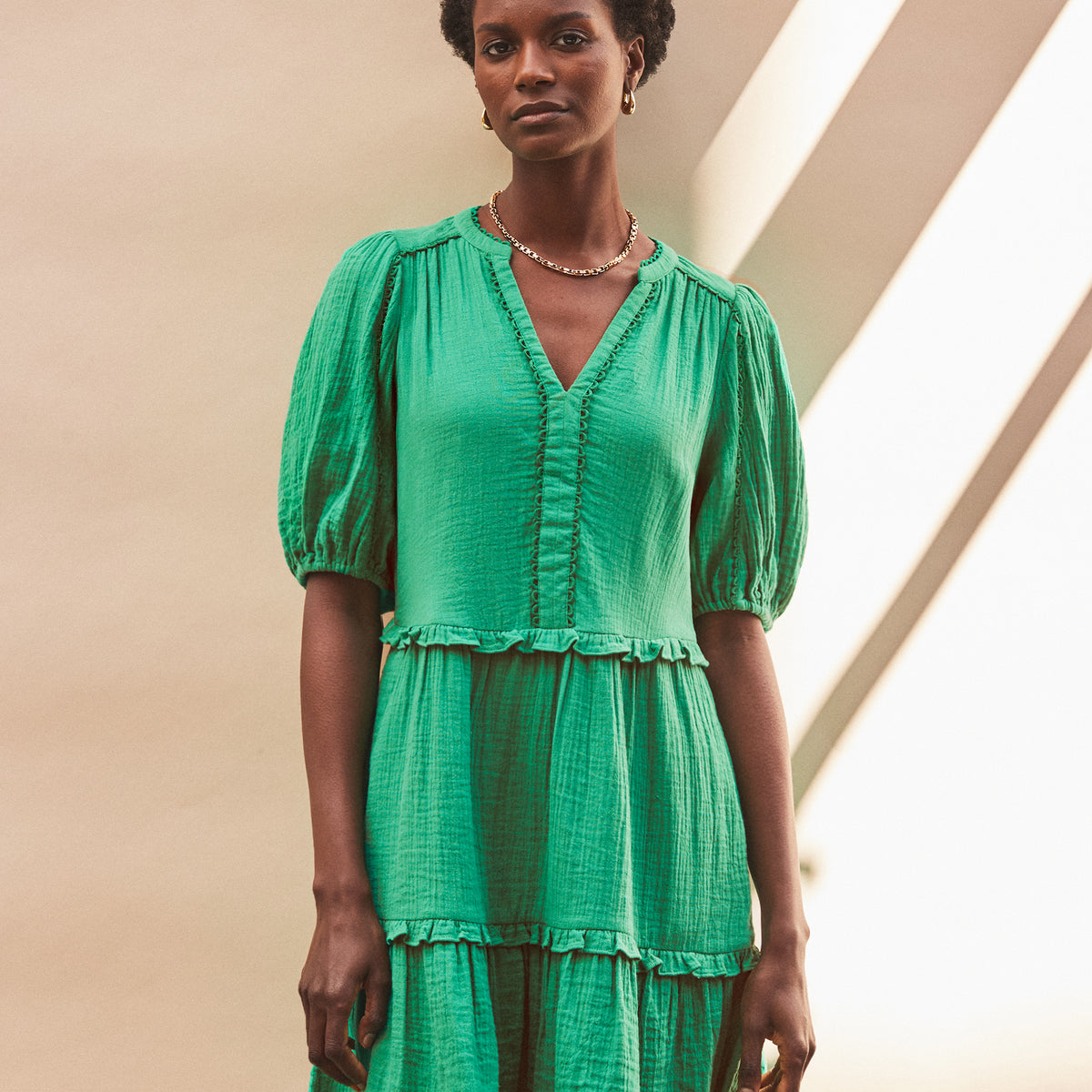 Green Frill-Detail Cheesecloth Mini Dress – Ro&Zo