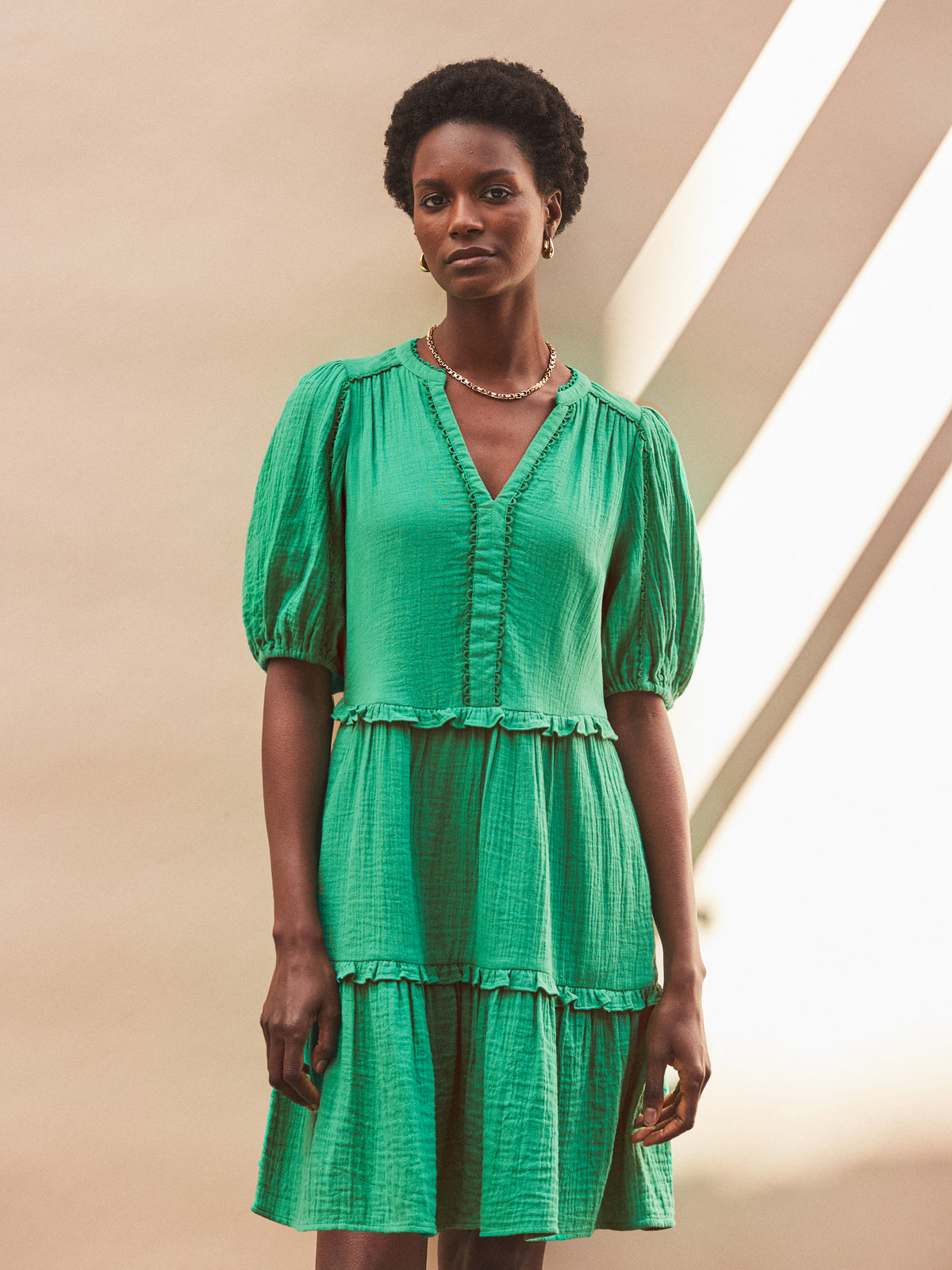 Petite Green Frill-Detail Cheesecloth Mini Dress