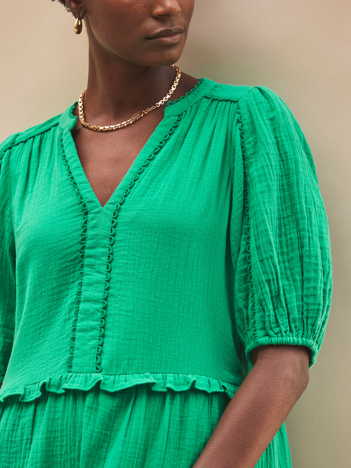 Petite Green Frill-Detail Cheesecloth Mini Dress