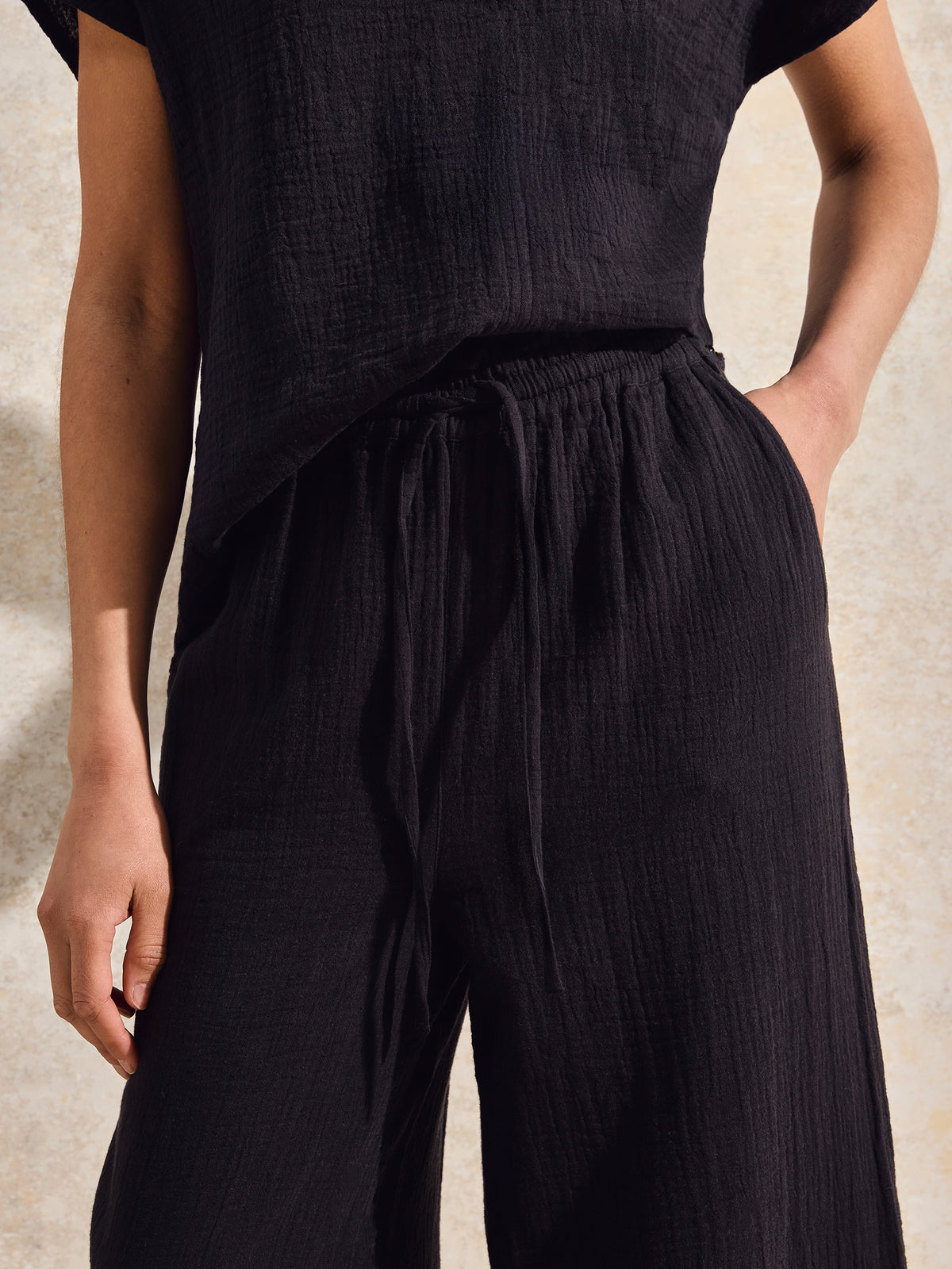 Petite Black Cheesecloth Wide-Leg Trousers