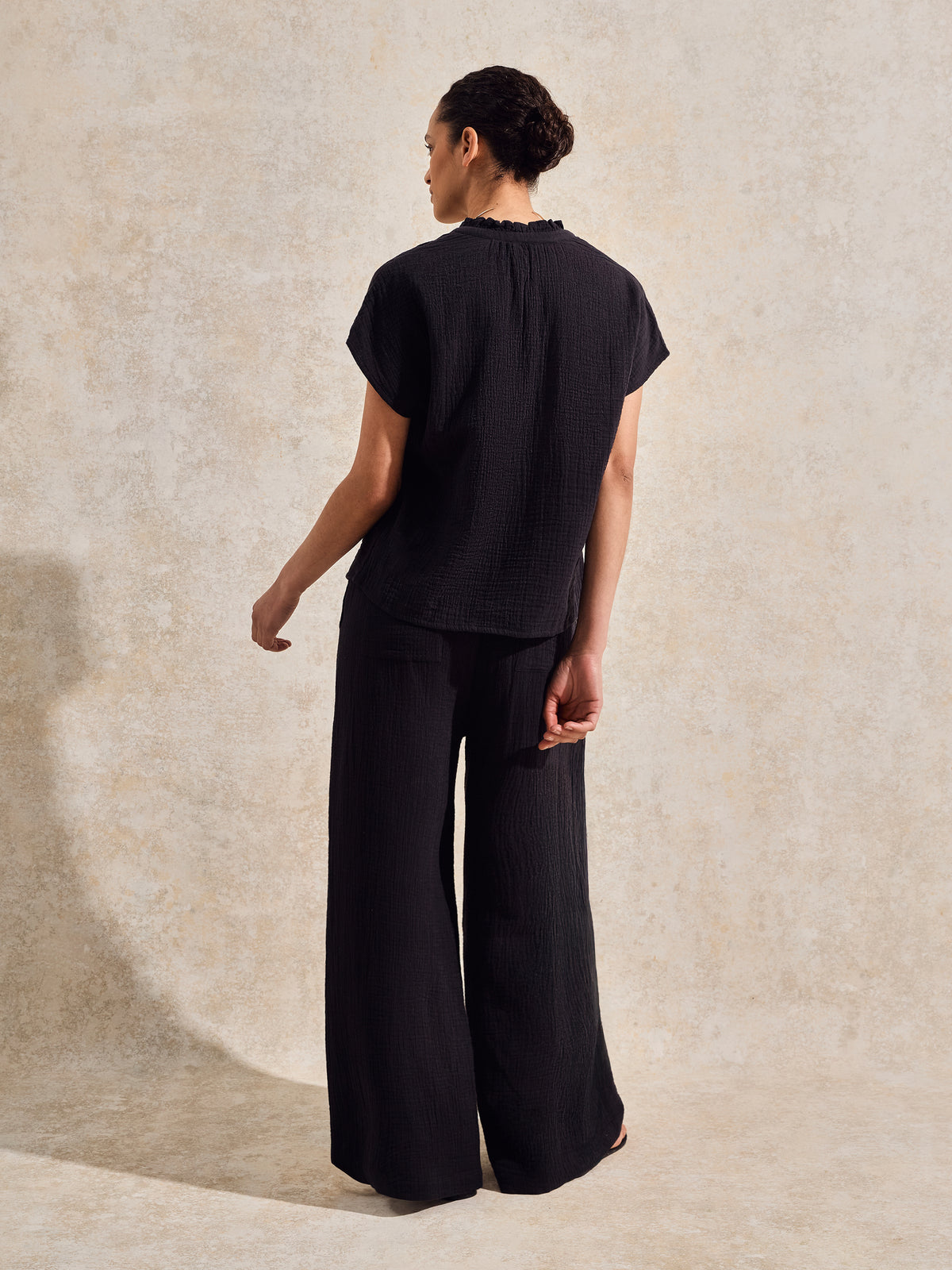 Petite Black Cheesecloth Wide-Leg Trousers