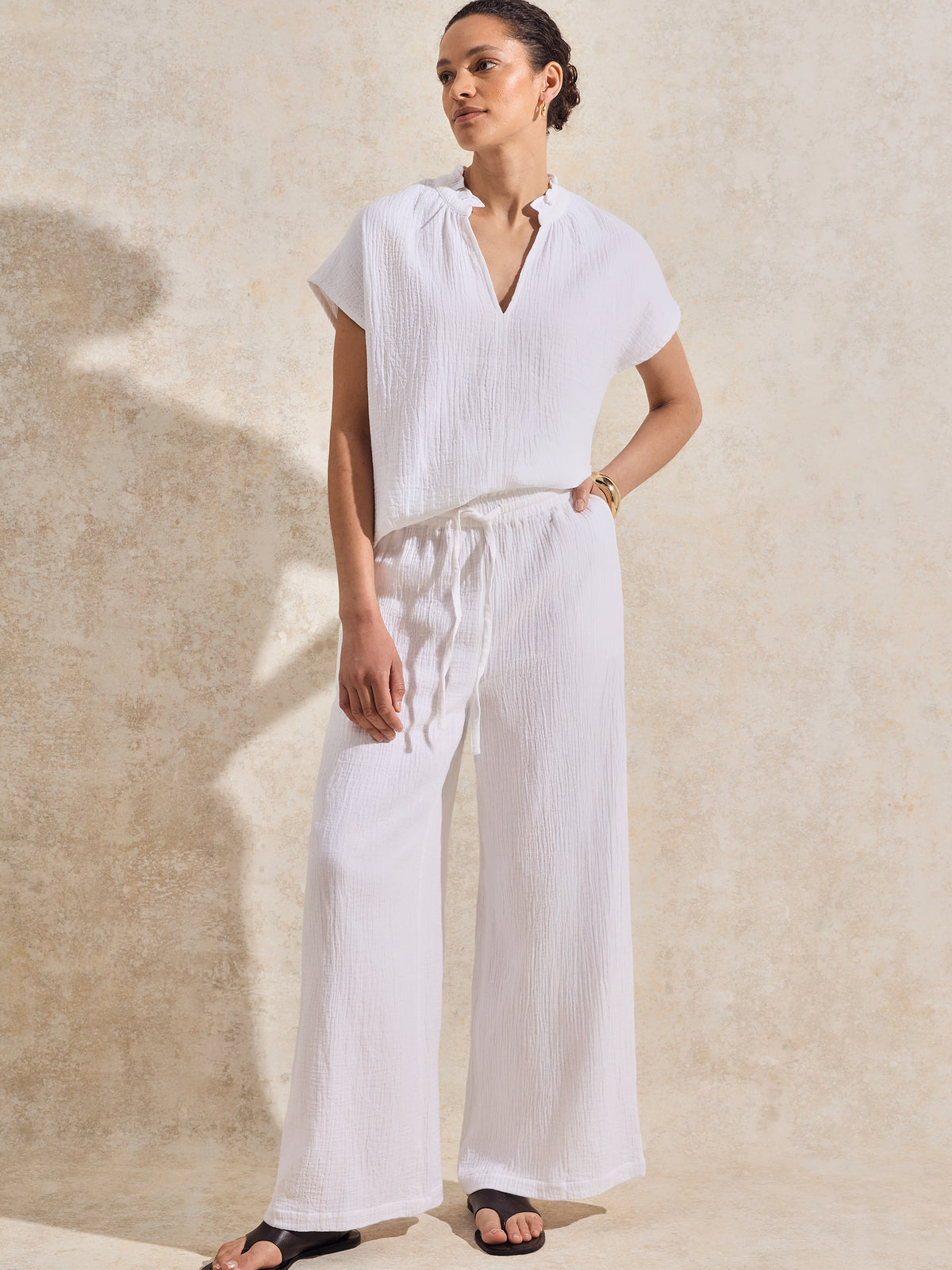 Petite White Cheesecloth Wide-Leg Trousers