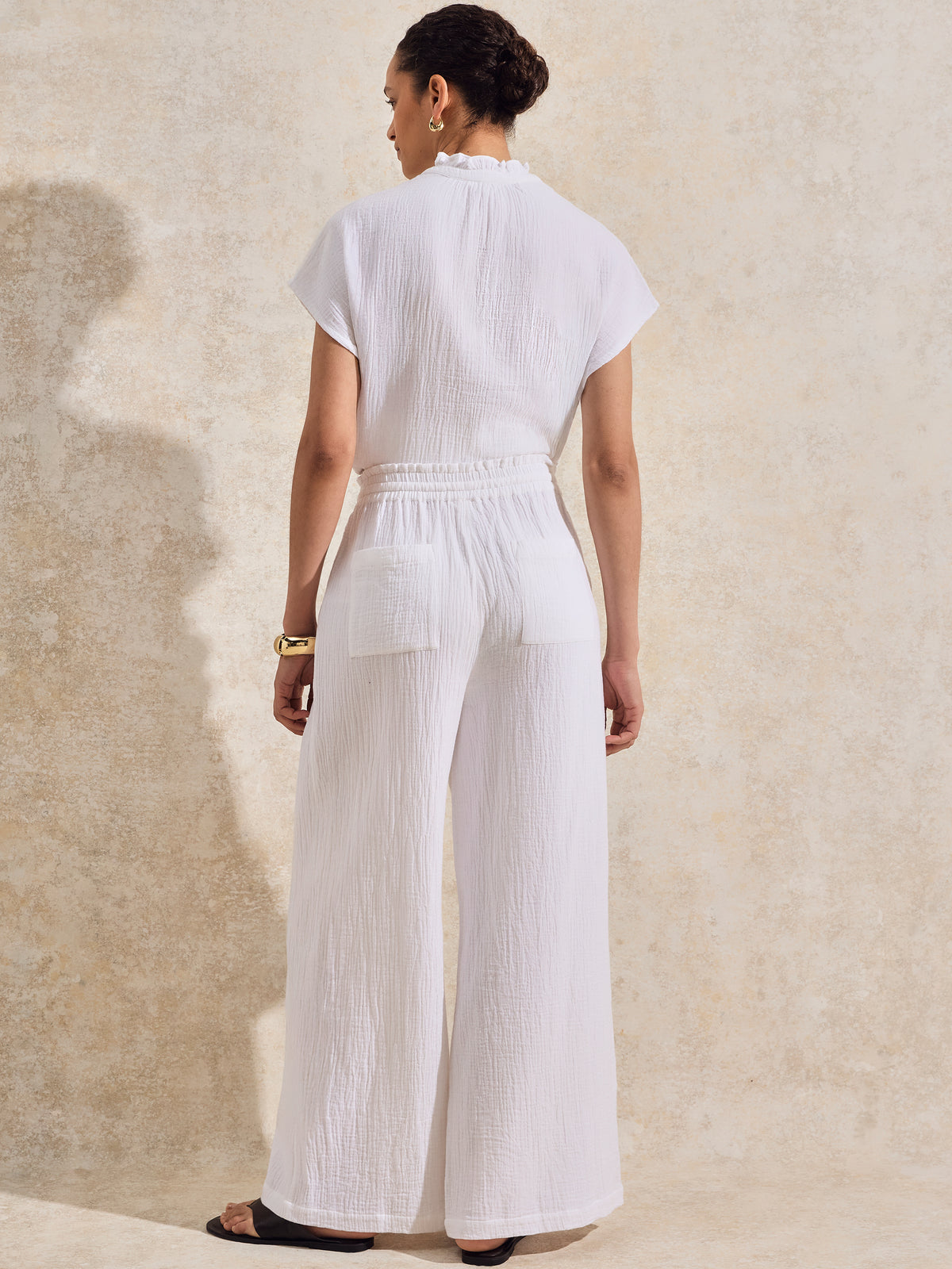 Petite White Cheesecloth Wide-Leg Trousers