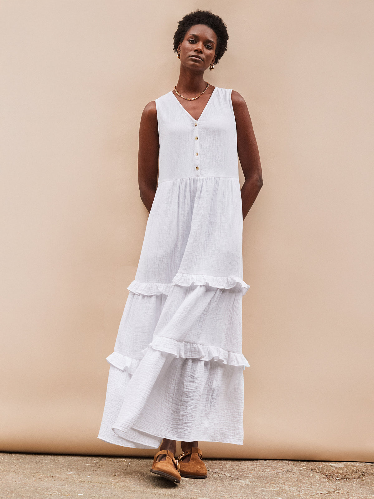 Petite White V-Neck Cheesecloth Midaxi Dress