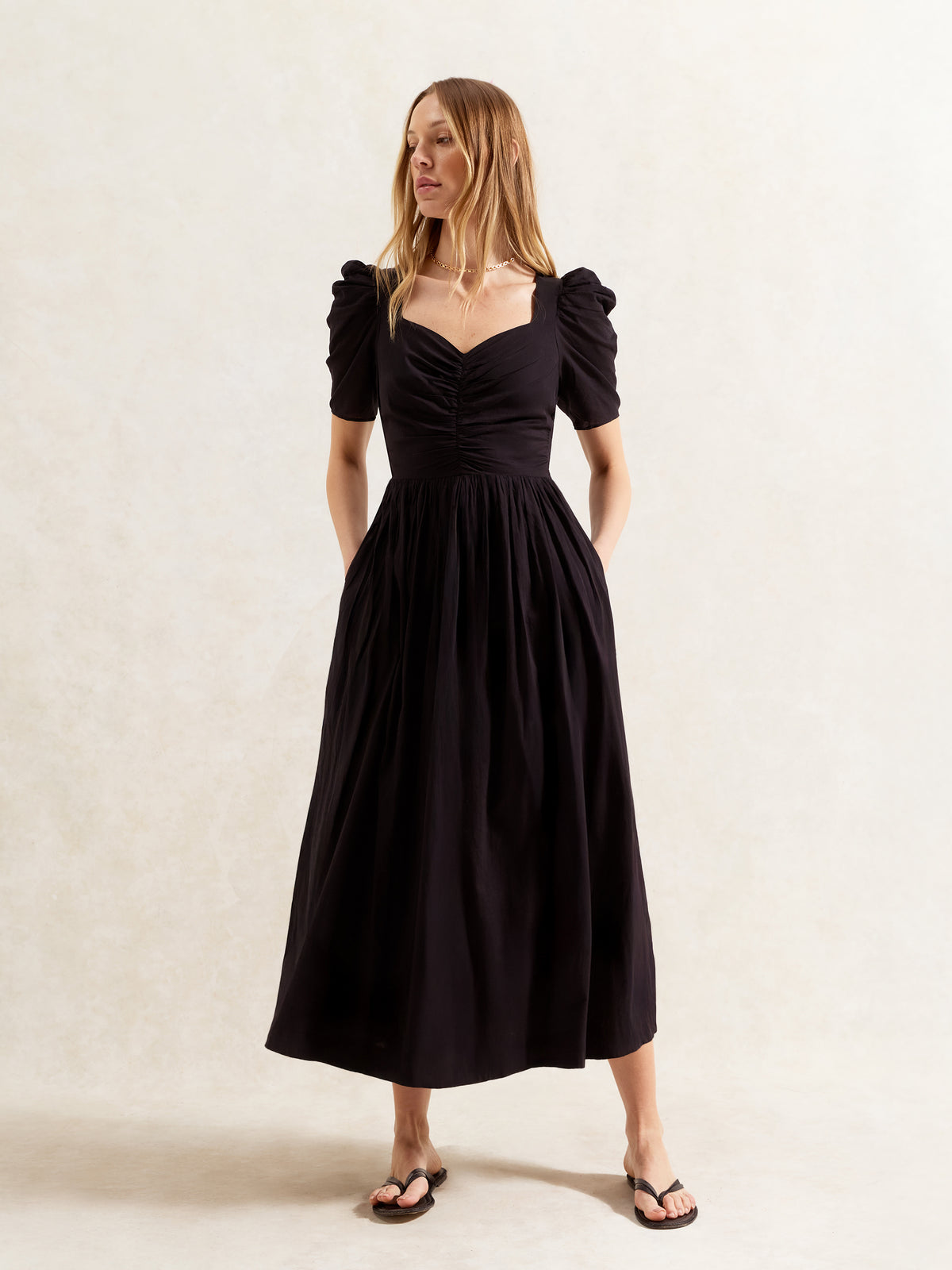 Black Sweetheart Neckline Cotton Voile Midi Dress
