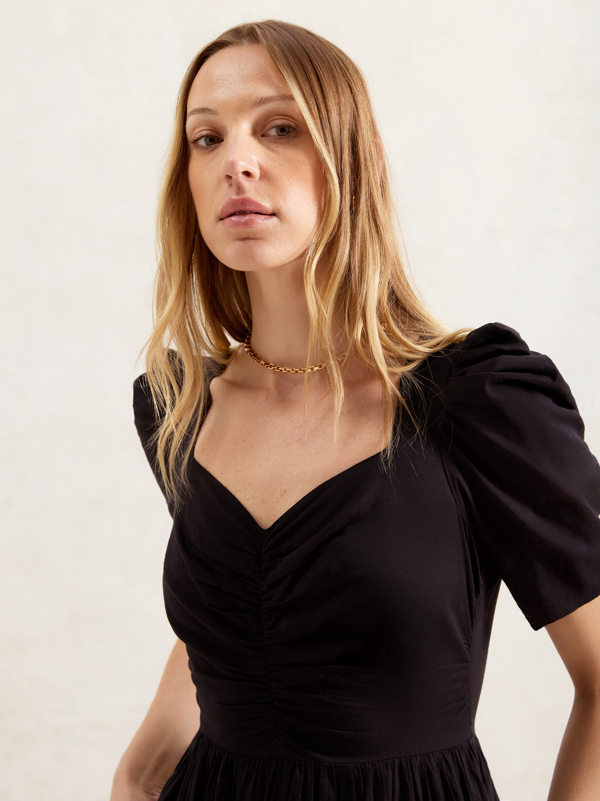 Black Sweetheart Neckline Cotton Voile Midi Dress