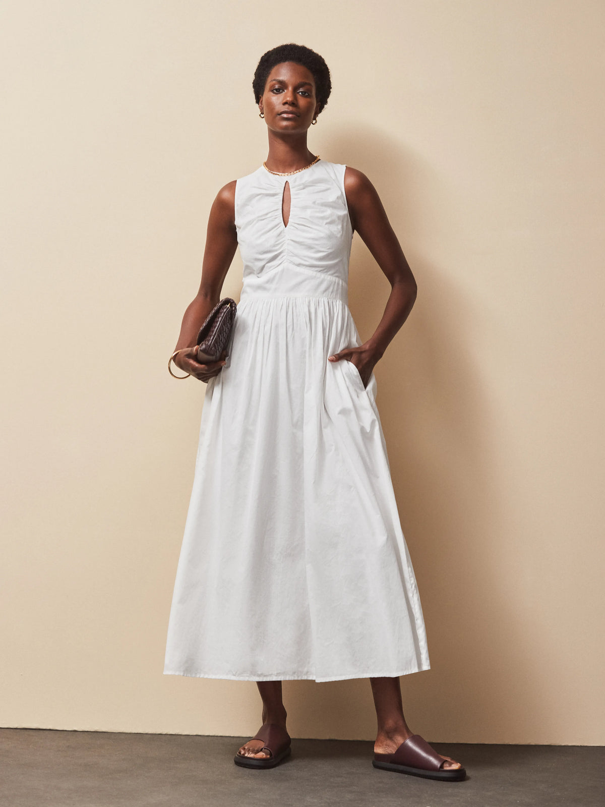 Petite White Cotton Voile Keyhole Front Midi Dress