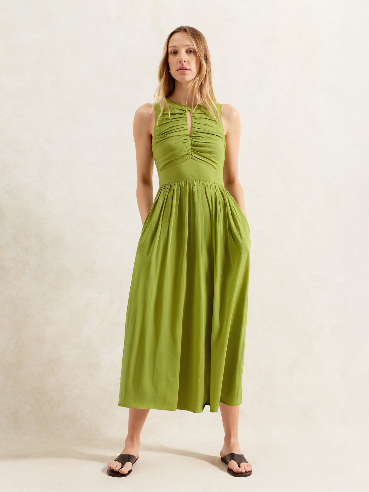 Green Cotton Voile Keyhole Front Midi Dress