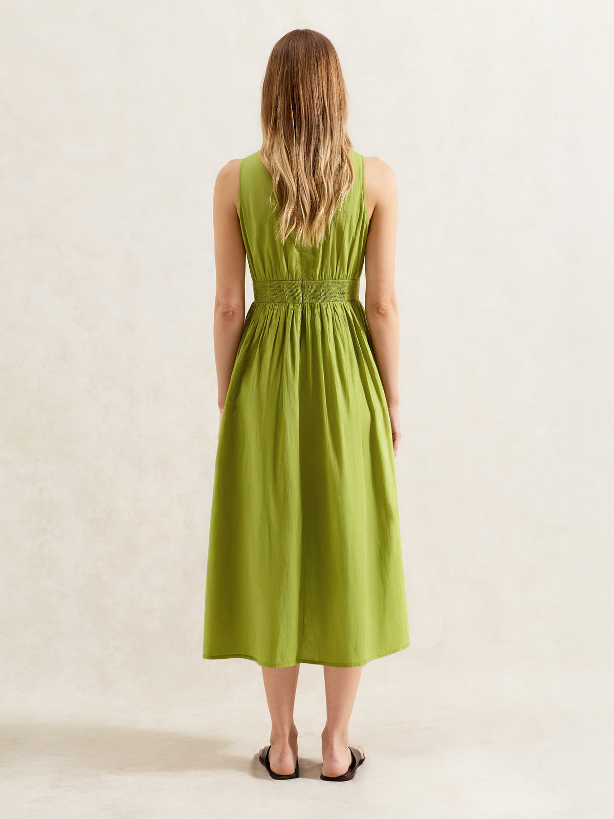 Green Cotton Voile Keyhole Front Midi Dress