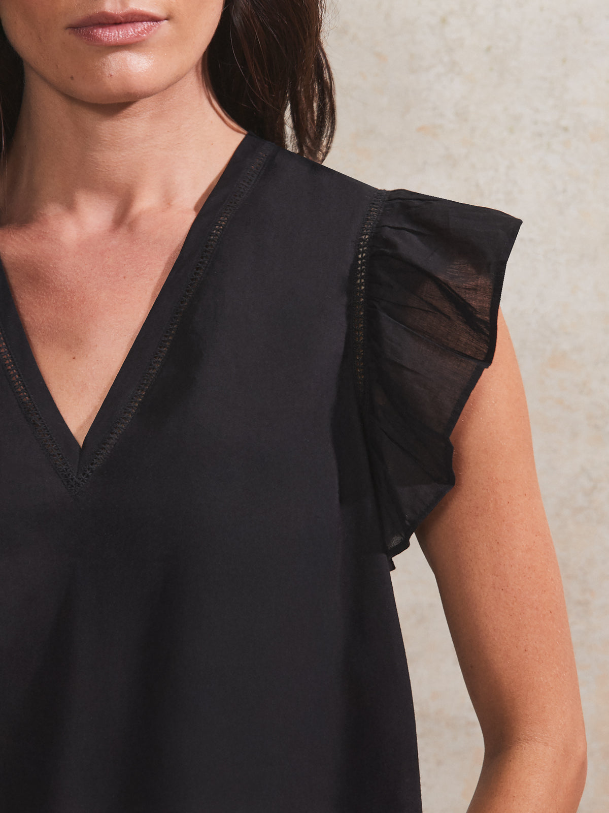Black Frill-Sleeve V-Neck Cotton Top