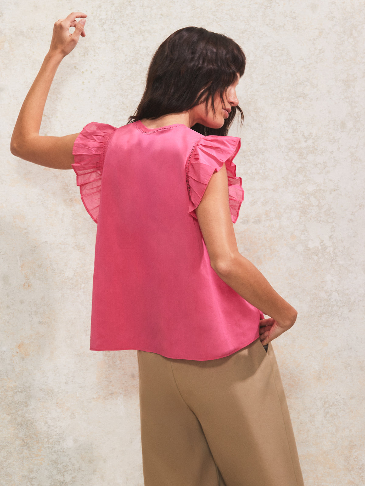 Pink Frill-Sleeve V-Neck Cotton Top