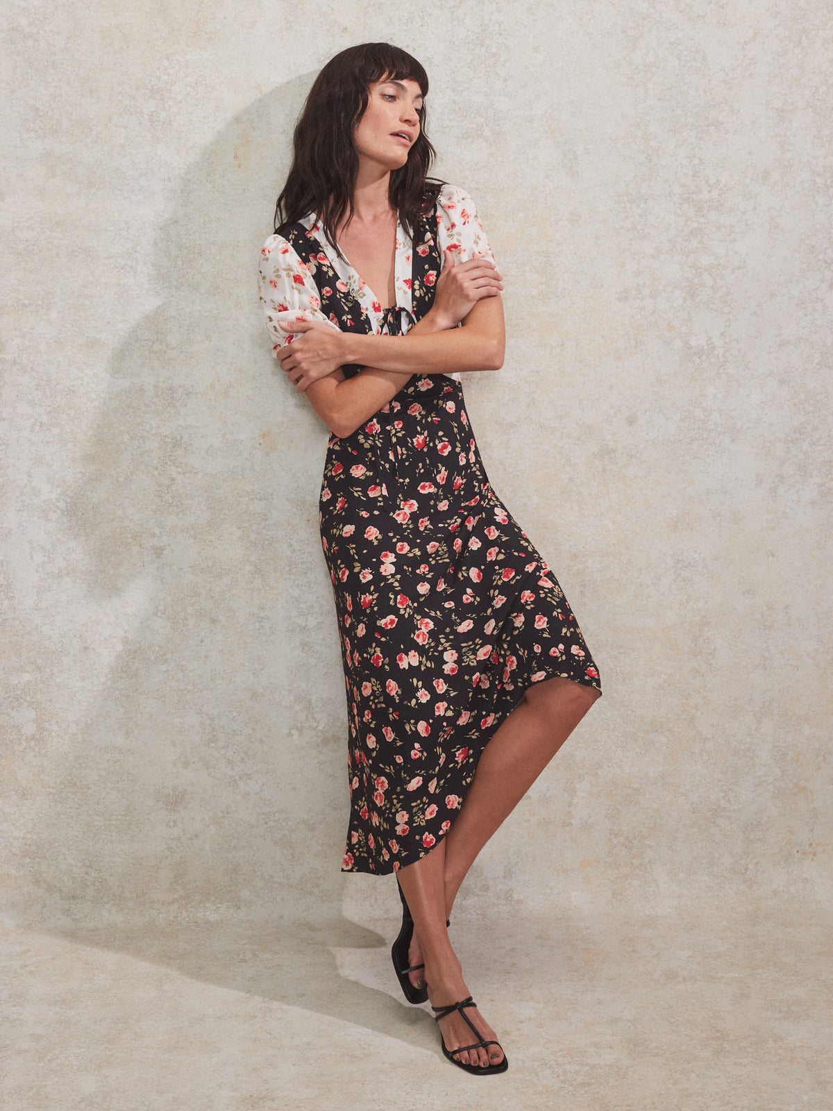 Petite Contrast Rose-Print Puff-Sleeve Midi Dress