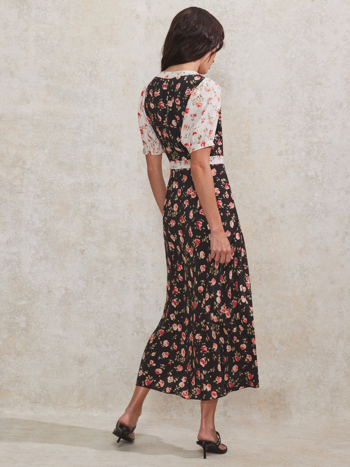 Petite Contrast Rose-Print Puff-Sleeve Midi Dress