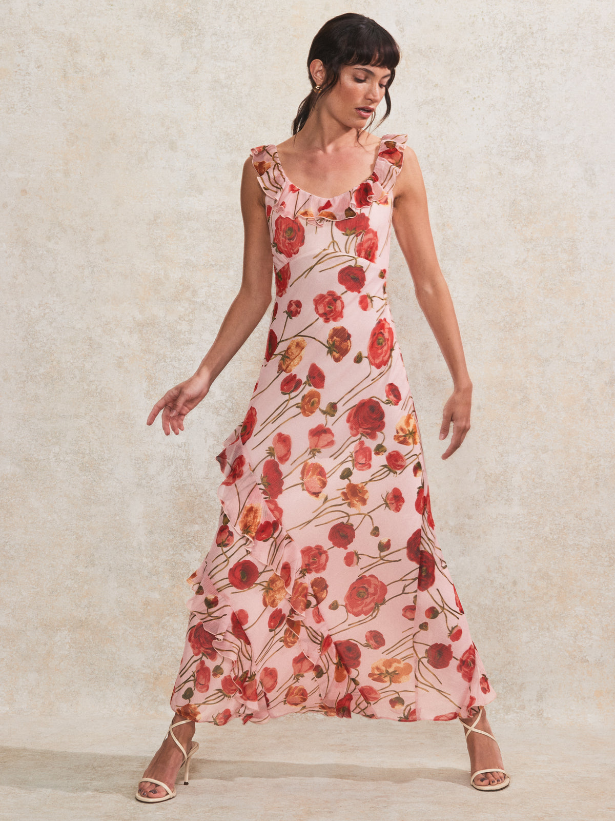 Petite Rosie Pink Poppy-Print Ruffle-Detail Dress