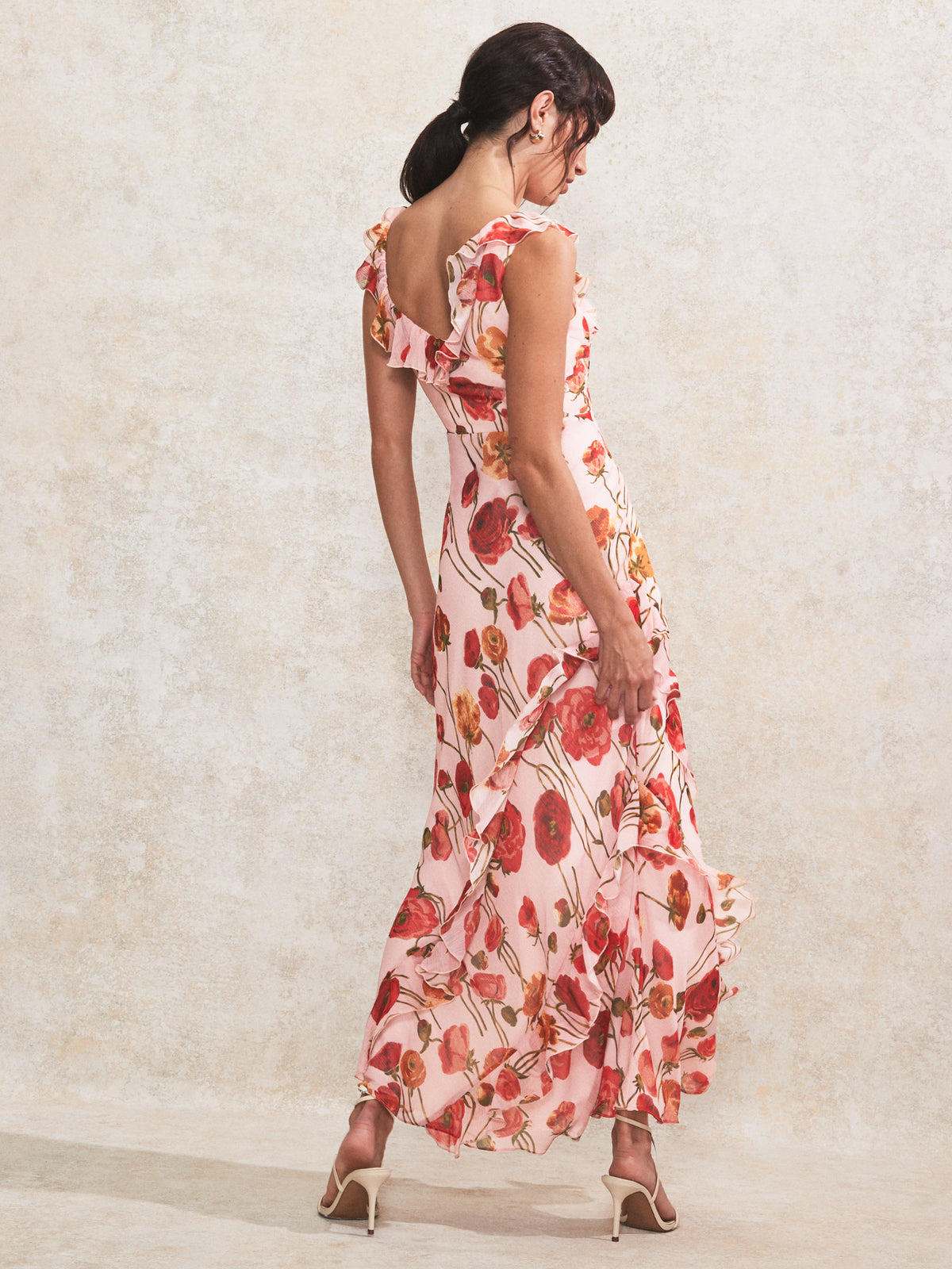 Petite Rosie Pink Poppy-Print Ruffle-Detail Dress