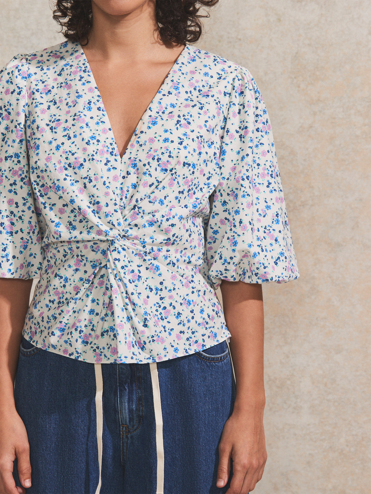 Ivory Ditsy-Print Twist-Front Blouse