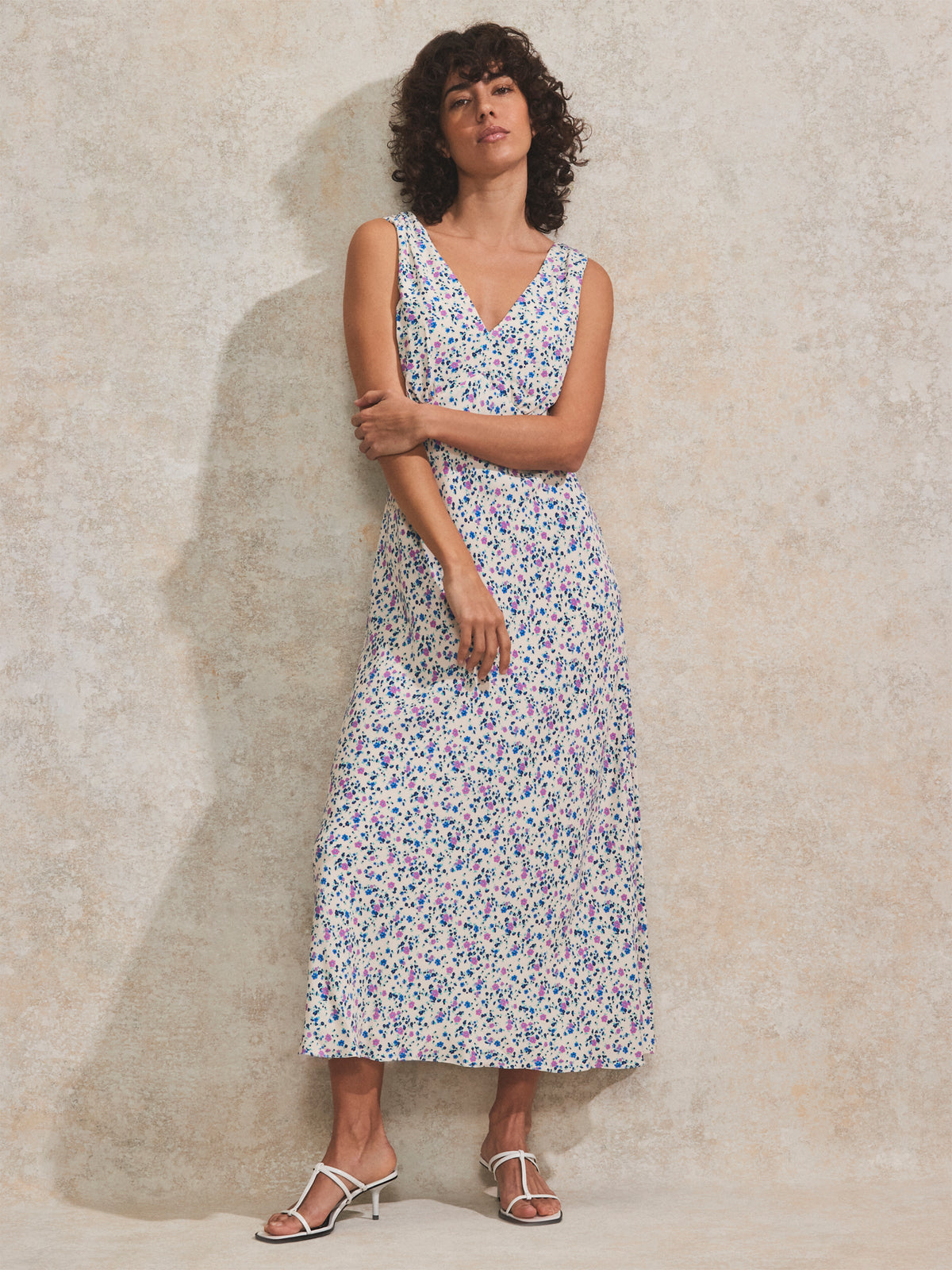 Ditsy-Print V-Neck Midi Dress