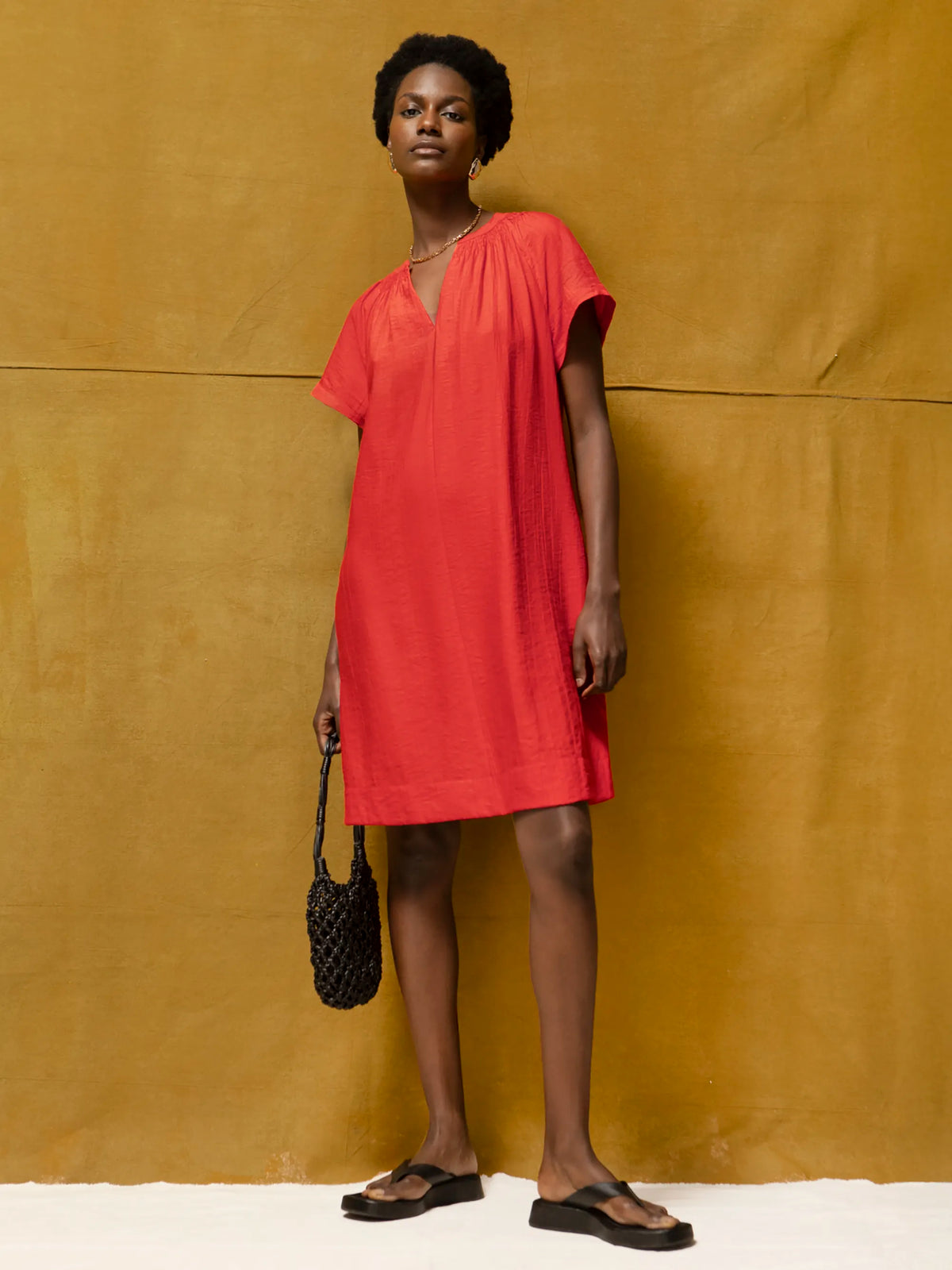 Red Gathered-Detail Short Dress